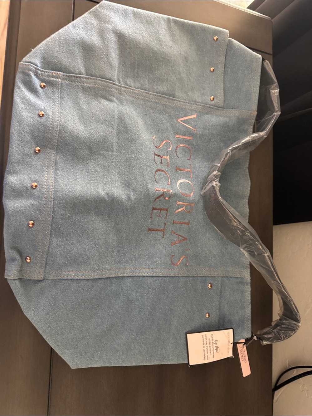 Victoria's Secret Light Blue Denim Tote with Rose Gold Logo P 12